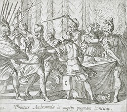 Phineus Attacking Perseus at the Wedding, published 1606. Creators: Antonio Tempesta, Wilhelm Janson.