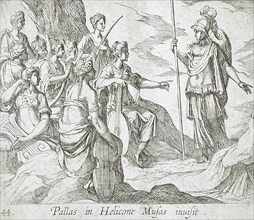 Athena with the Muses, published 1606. Creators: Antonio Tempesta, Wilhelm Janson.