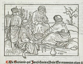 Syrian Vineyard Workers Pausing for a Meal (recto); Text with Table (verso), published 1486. Creator: Erhard Reuwich.