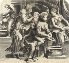 The Holy Family with the Virgin Bathing the Christ Child, between circa 1550 and circa 1560. Creator: Giulio Bonasone.