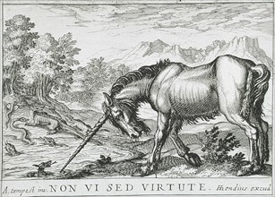 A Unicorn Chasing Lizards from a Pond, 1610. Creator: Hendrick Hondius I.