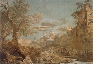 Heroic Landscape with Women at Brook, Child Fishing, and Herdsmen, 1744. Creator: John Baptist Jackson.