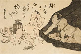 Toba-e: Okame under mosquito netting, releasing a rat while her lover looks aghast, c1810s. Creator: Ikeda Eisen.