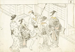Courtesans on Procession from Ehon tokiwagusa (Eternal Flowers, A Picture Book.), 1730. Creator: Nishikawa Sukenobu.