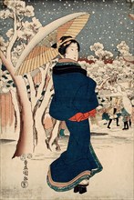 Beauty Walking on a Snowy Day, 1854. Creator: Utagawa Kunisada.