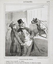Français : Exposition des chiens: Comme il me regarde ce chien. -Oui Monsieur! c'est un..., 1865. Creator: Cham.