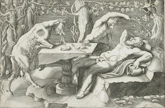 Silenus, a Satyr and a Goat, c1540. Creator: Giorgio Ghisi.