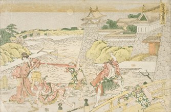Okaru and Kampei outside Kamakura Castle, Act III from the Play Chushingura, 1806. Creator: Hokusai.