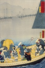 Zeze Castle: Returning Sails at Yabase (Zeze, Yabase no kihan), published in 1863. Creator: Toyohara Kunichika.