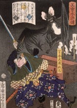 Miyamoto Musashi Slashing a Bat, 1867. Creator: Tsukioka Yoshitoshi.