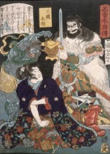 Sangoku Taro Kneeling before Demon and Warrior, 1866. Creator: Tsukioka Yoshitoshi.
