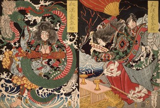Tawaraya Toda and a Dragon; Ono no Komachi Praying for Rain, 1868. Creator: Tsukioka Yoshitoshi.