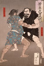 Nomi no Sukune Wrestling with Taima no Kehaya, 1885. Creator: Tsukioka Yoshitoshi.
