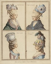 France, Rapilly, 18th Century Print showing Headdresses Engraving, hand-tinted gouach, 18th century. Creator: Unknown.