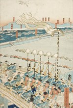 Lord Yoritomo Traveling to Kyoto in the First Year of Kenkyu Period (circa 1285), 1862. Creator: Sadahide Utagawa.