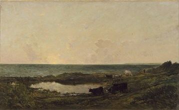 Sunset on the Coast at Villerville, 1855, with later retouching by the artist. Creator: Charles Francois Daubigny.