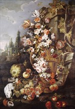 Still Life of Flowers and Fruits in a Garden, 1700-1710. Creator: Franz Werner von Tamm.