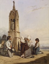Peasants Kneeling Before Shrine, c1840. Creator: Charles Ramelet.
