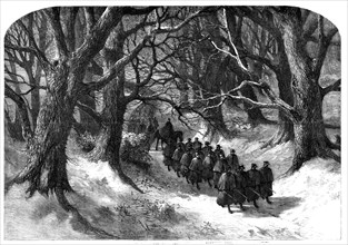 Night march at Christmastide of the Rifle Volunteers - drawn by Harrison Weir, 1st Surrey..., 1860. Creator: J Greenaway.