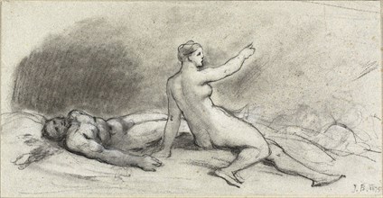 Nude Woman Seated with Nude Man Asleep (recto); Female Torso Seen..., 1875 (recto); c. 1875 (verso). Creator: Jean Beraud.