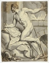 Male Nude Kneeling beside Open Hearth, with Helmet and Metal Gloves on Floor, n.d. Creator: Louis Chéron.