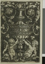 Ornament with Vase and Two Genii at Foot, 1520/69. Creator: Jacob Binck.