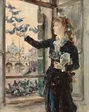 Girl at a window facing St. Mark's Square, feeding pigeons, c1875. Creator: Anton Romako.