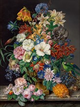 Flower piece with pineapple, grapes and parrot, 1833. Creator: Franz Xaver Petter.
