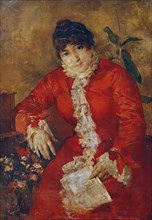 Woman in scarlet dress with newspaper sheet and ficus, 1884/1889. Creator: Anton Romako.