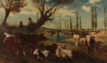 Herd of cows by the water, 1872. Creator: Carl Rudolf Huber.