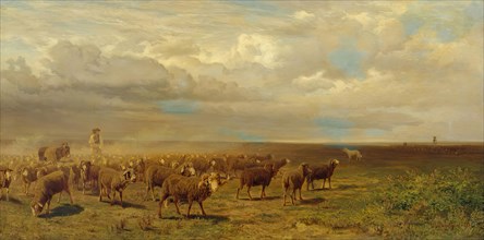 Flock of sheep in the Puszta, 1872. Creator: Gustav Ranzoni.