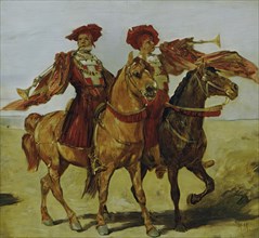 Two mounted fanfarers, 1879. Creator: Hans Makart.