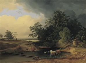 Meadow landscape in the evening atmosphere, 1847. Creator: Josef Feid.
