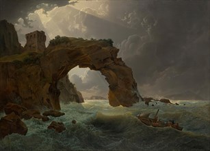 Sea storm at the Arco di Miseno near Miliscola with a view towards Nisida, 1819. Creator: Joseph Rebell.