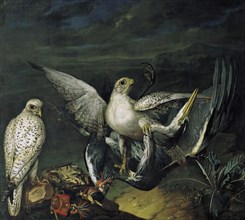 White hunting falcons with a heron, 1748. Creator: Philipp Ferdinand de Hamilton.