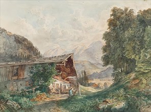 Alpine landscape with farmhouse and woman at the well, around 1860. Creator: Franz Barbarini.