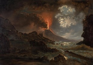 Vesuvius eruption at night with a view of the Scuola di Virgilio, 1822. Creator: Joseph Rebell.