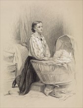 Young Woman Praying Beside Baby's Cradle, 1864. Creator: Léon Emile Caille.
