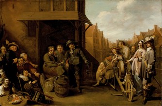 A Street Scene with Knife Grinder and Elegant Couple, c1655. Creator: Jacob Duck.