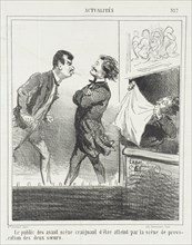 Le public des avant scènes craignant d'être atteint par la scène de provocation des deux soeurs,1865 Creator: Cham.
