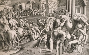 The Trojans Pull the Wooden Horse into the City, 1545. Creators: Giulio Bonasone, Francesco Primaticcio.