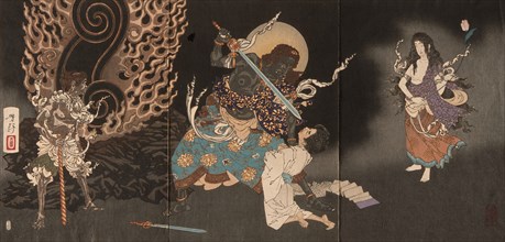 Fudo Threatening Yuten with His Sword, 1885. Creator: Tsukioka Yoshitoshi.