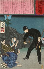 The Brave Policeman Taguchi Naokatsu Arresting Three Burglars Single-Handedly, 1875. Creator: Tsukioka Yoshitoshi.
