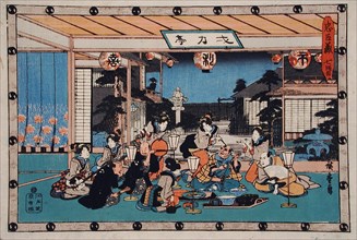 Act VII: Yuranosuke Dining with the Spy Kudayu at Ichiriki Brothel..., between c1835 and c1839. Creator: Ando Hiroshige.