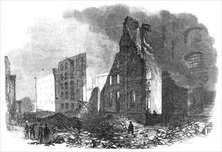 The Great Fire in Southwark: view from Cotton's Yard, showing the spot where Mr. Braidwood..., 1861. Creator: Unknown.