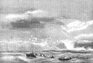 The sea breaking over the cliff at Tynemouth during the gale on Saturday, the 2nd November, 1861. Creator: Unknown.