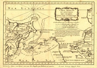 Carte re´duite des de´couvertes des Russes, entre l'Asie et l'Amerique, (1747?). Creator: Jacques-Nicolas Bellin.