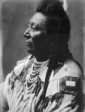Plenty Coups, Crow Indian, head-and-shoulders portrait, facing left, pompadour, temple..., c1908. Creator: Edward Sheriff Curtis.