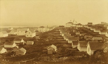 Unidentified village, possibly on Unalaska Island; Russian church with clock in the..., 1894 or 95. Creator: Unknown.