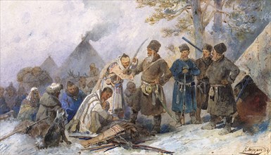Natives of Siberia Being Brought Under the Tsar's Rule. Kissing the Ataman's Saber..., 19th century. Creator: Nikolay Nikolaevich Karazin.